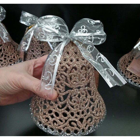 Holiday Hanging Bell Ornament Decorations Set of 4 Plastic Rose Gold/Glitter 6" - Picture 5 of 10